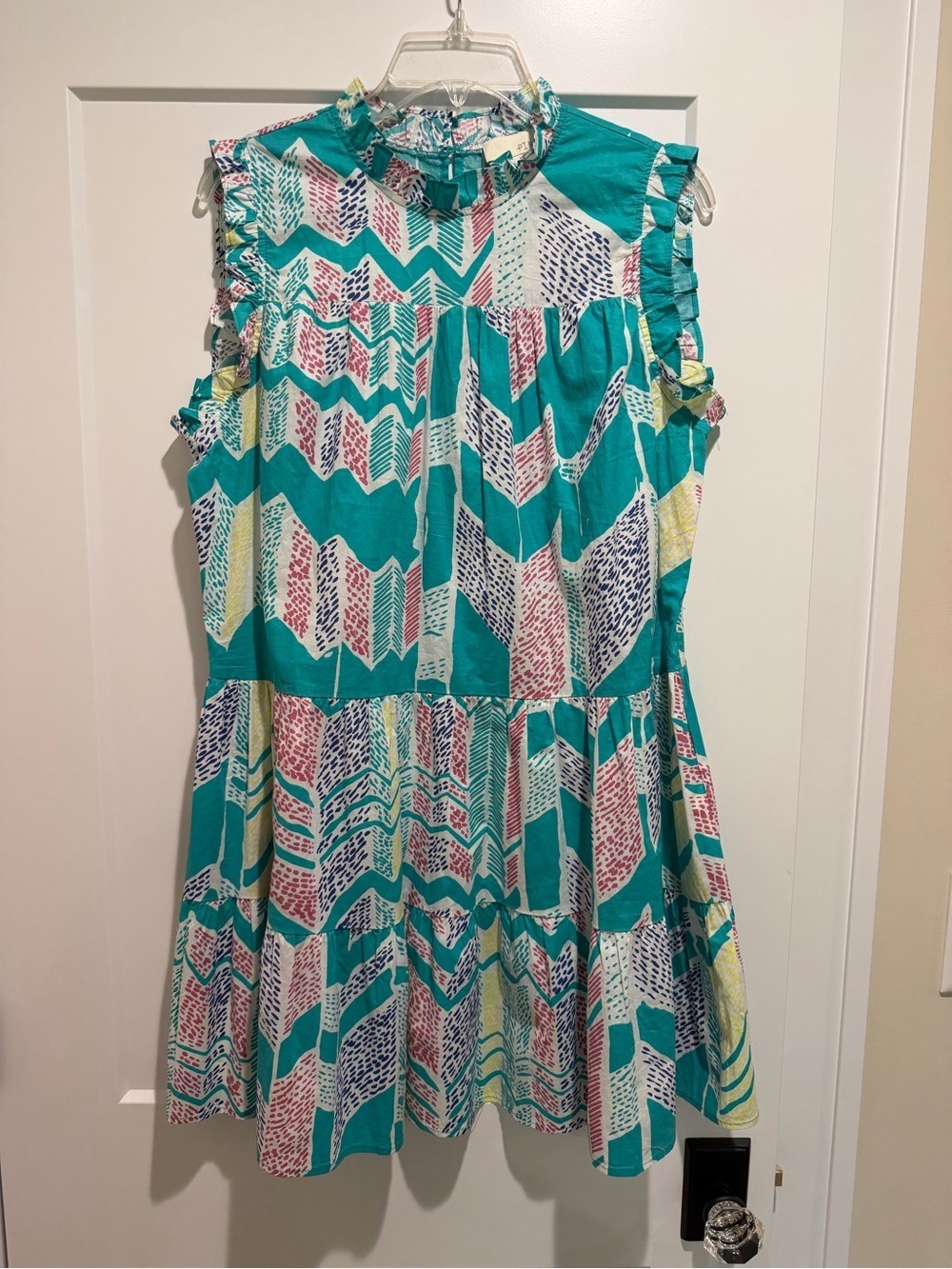 Pinch Teal Multi-Print Ruffle Neck Sleeveless Dress Size Large